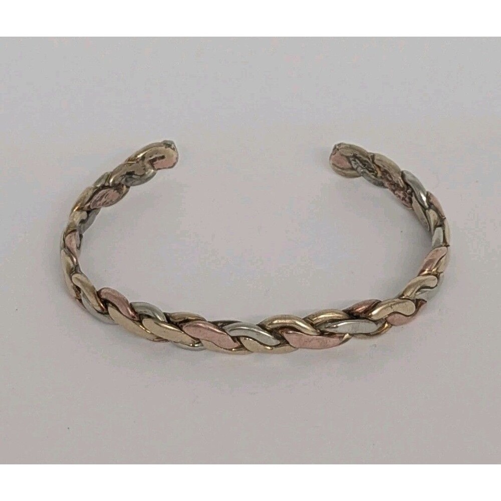 Sergio Lub Tri-Tone Braided Cuff Bracelet Magnetic Copper Silver Tone Golden